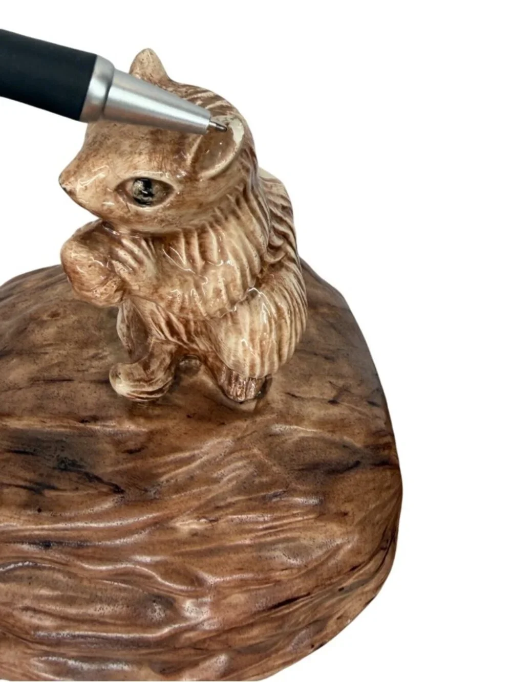 Vintage Ceramic Squirrel on Walnut Lidded Dish - Mid-Century Candy Bowl, Woodlan